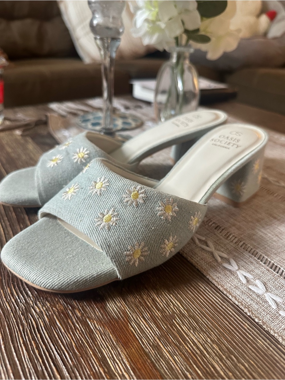 Society Mint Green Daisy Embroidered Slide Mules